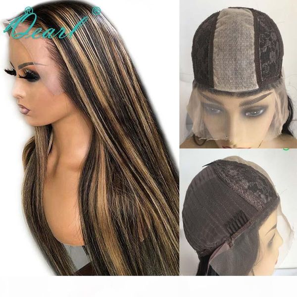 

ombre blonde highlights color straight human hair lace wigs 2x5 silk base wig brazilian remy hair for women 150% qearl, Black;brown