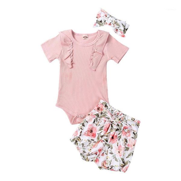

clothing sets baby girl kid outfit set solid color short sleeve ruffle button romper shorts flower print waist belt pants clothes set1, White