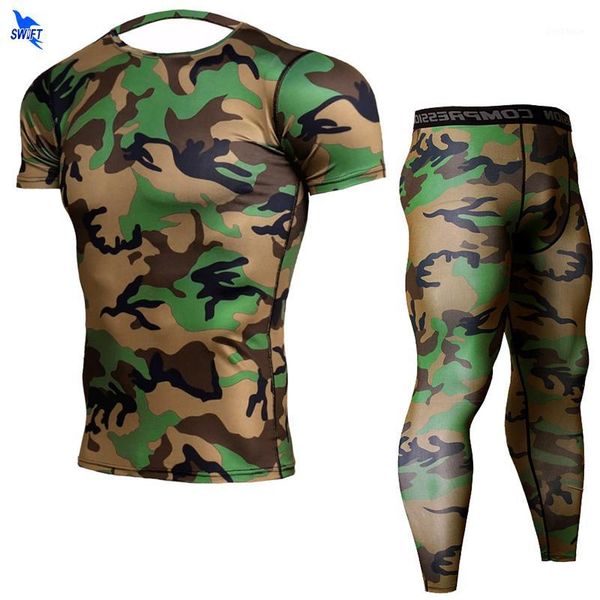 

running sets 2021 quick dry camouflage mens short sleeve set compression sport suit skinny tights clothes gym fitness camo sportswear1, Black;blue