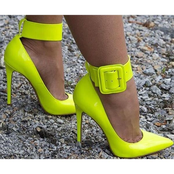 

ankle buckles engaging pointy toe pumps fashion neon patent bombs ladies high white python leather stiletto heels gdkj, Black