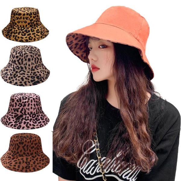 

fashion leopard print bucket hats reversible fisherman caps summer hats for women gorras foldable bucket beach sun hat, Blue;gray