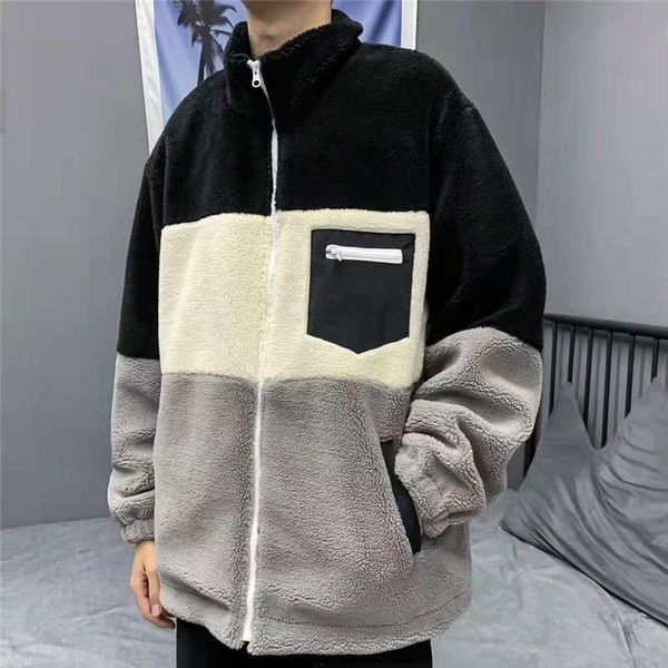 

the new zipper pocket embroidery three-color stitching loose lamb wool coat is soft comfortable and delicate embroidery, Black