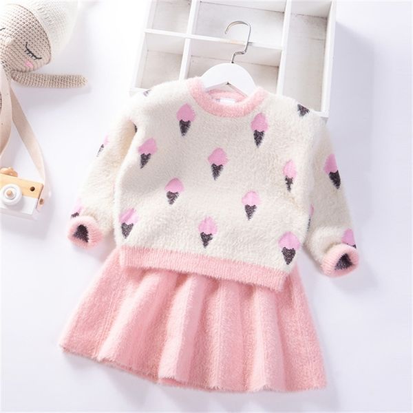 Outono inverno estilo preppy meninas camisola vestido de jumper crianças roupas cardigan roupas bebê veludo criança pulôver de malha saia conjunto 201109