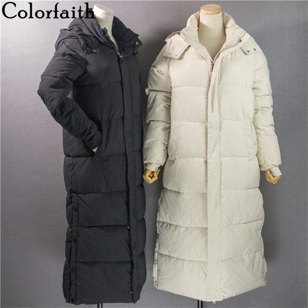 

colorfaith new autumn winter women long jacket pockets quilted hem split puffer parkas high-quality hooded warm coat co811 201127, Black