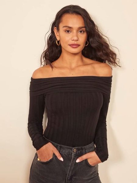 

wind off ins french style the shoulder one line collar thread elastic slim fit solid color long sleeve short t-shirt, Black;gray