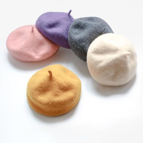 

12 colors autumn south korea children baby hat beret british painter bud of pure wool cap korean tide newborn pgraphy props, Yellow