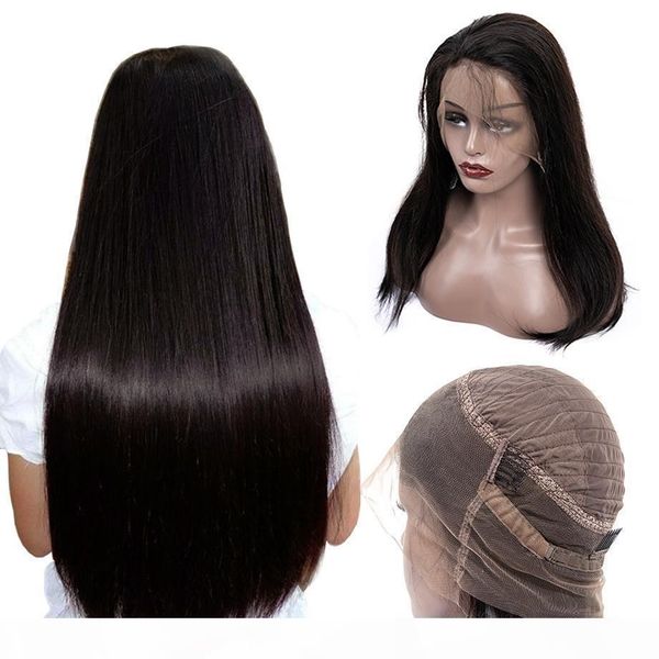 

360 frontal full lace human hair wigs pre plucked with baby hairs bleach knots remy brazilian hair long straight 360 lacefront wig, Black;brown