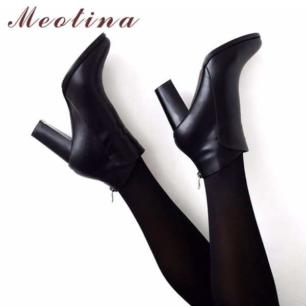 

meotina genuine leather shoes women ankle boots autumn thick high heel female boots zip winter handmade leather shoes boot black t200425