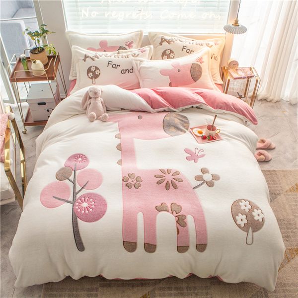 4 pcs floco de neve Velvet Duvet Sets Conjuntos de cama de rainha única conjuntos de cama pillowcases girafa porco cama capa cama de cama t200706