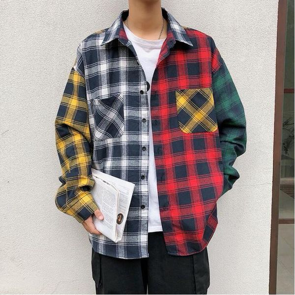 

men's casual shirts autumn korean version trend plaid color matching mens asymmetry loose men shirt long sleeve streetwear hip hop, White;black