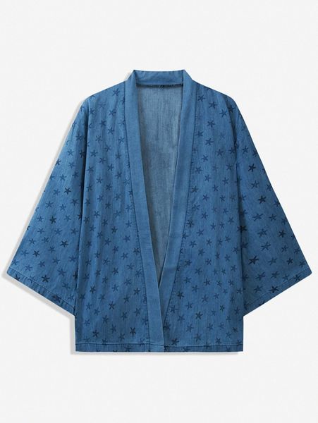 

men allover star print denim kimono a9df#, Blue