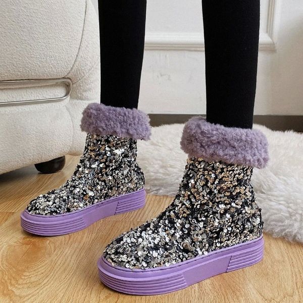

Lucyever Luxury Sequins Platform Ankle Boots for Women 2020 Thicken Plush Warm Flat Snow Boots Woman Non Slip Winter Shoes Lady #vT0n, Black