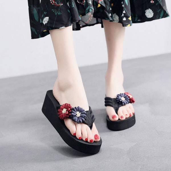

women summer slippers ladies flower home wedges beach shoes sandals flip flops slippers zapatillas mujer dropshipping #vb20, Black