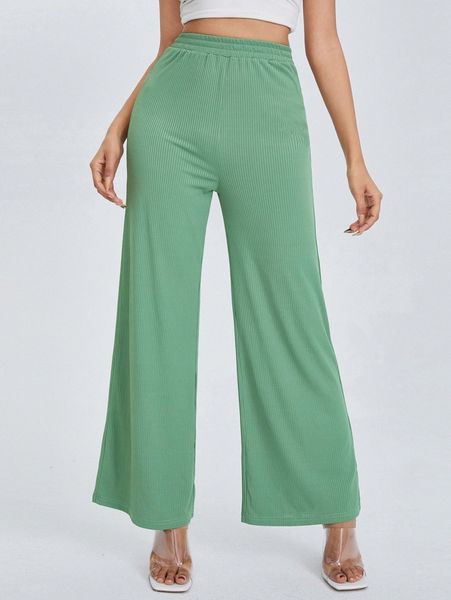 

petite solid rib-knit wide leg pants v8z1#, Black;white