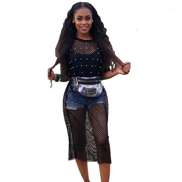 

casual dresses see through black mesh dress women korean fashion pearls beading hollow out fishnet sheer midi club wear1, Black;gray