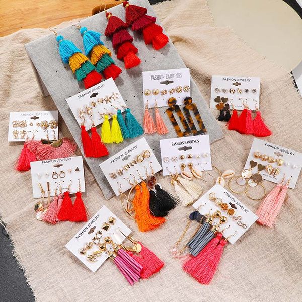 

2021 women fashion bohemian drop earrings set handmade colorful tassel earring dangle hoop stud for women fashion accessories kimter-k38fa