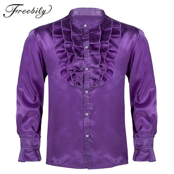 

men's casual shirts mens silk satin vintage wedding tuxedo long sleeve front ruffled button down slim fit gothic shirt male chemise hom, White;black