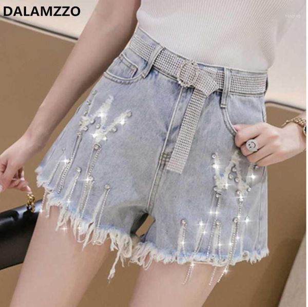 

s-2xl high waist women push up denim shorts with belt 2020 summer designer diamond tassel wide leg jeans shorts pants femme1, Blue