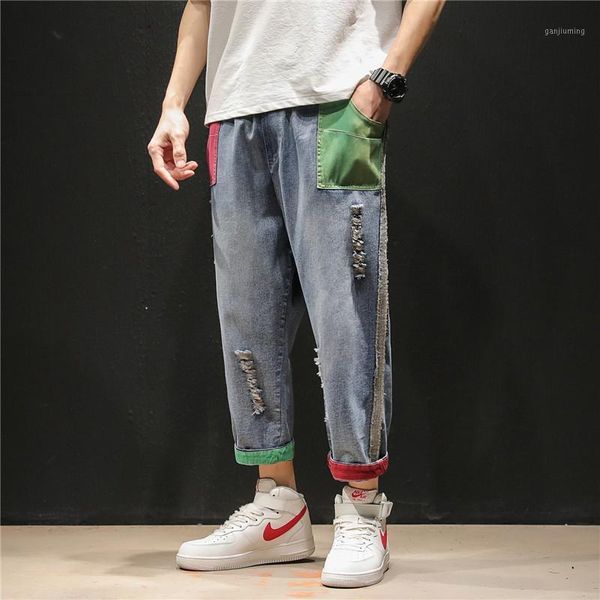 

new retro hole jeans men loose ankle-length casual pants cotton straight streetwear hip hop denim trouser male plus size quality1, Blue