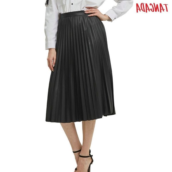 

tangada women black basic pleated midi skirt faldas mujer vintage side zipper fly solid female casual chic mid calf skirts 6a68 t200324
