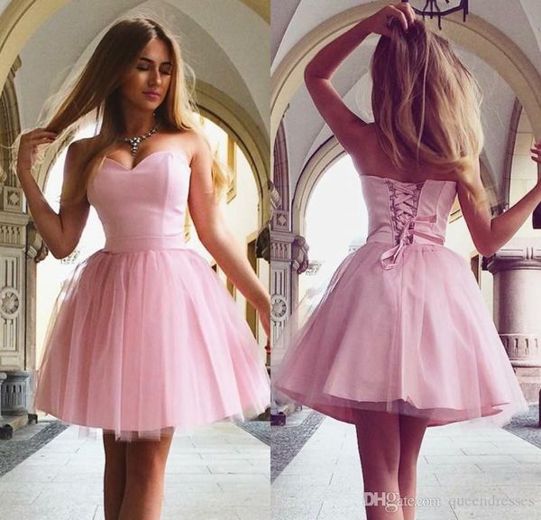 

simple little pink short homecoming dresses 2019 strapless tulle knee length evening gowns girls sweet 16 party dress custom made online, Blue;pink