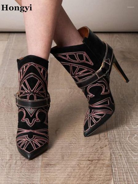 

boots hongyi 10cm high heels pointed toe straps short women suede leather buckle ankle big size1, Black