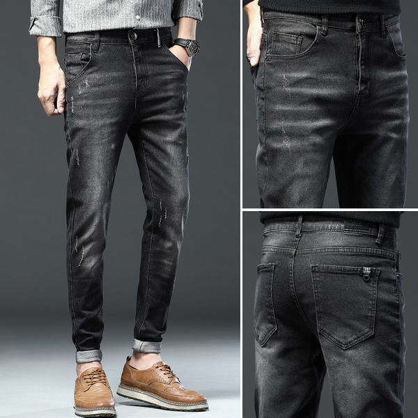 

voreloce classic patch iron button men's slim jeans 2021 spring brand clothing boy trend fashion cotton stretch gray jeans q0105, Black;white
