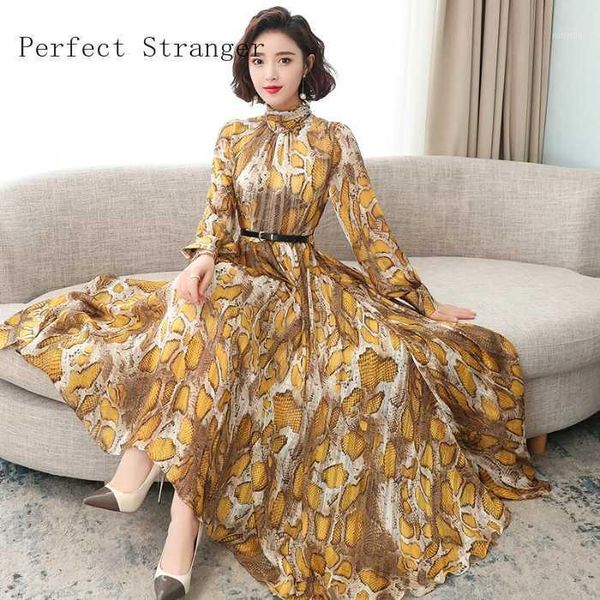 

2020 new arrival stand collar long sleeve printed chiffon women long dress plus size1, Black;gray