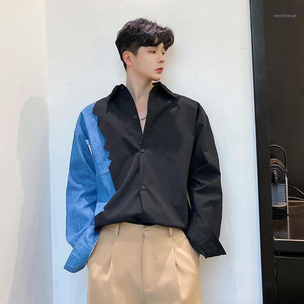 

men's wear niche design color block patchwork white shirt male's korean style fashion loose summer long sleeve 9y27861, White;black