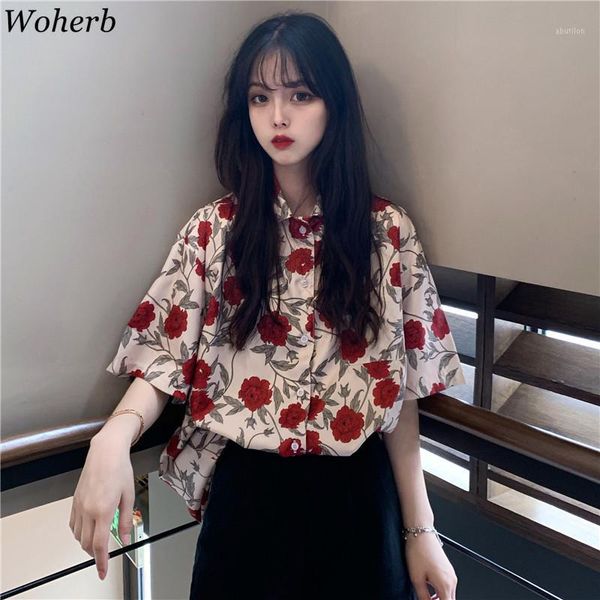 

women's blouses & shirts woherb elegant vintage floral print summer blouse women 2021 short sleeve ladies loose shirt korean harajuku c, White