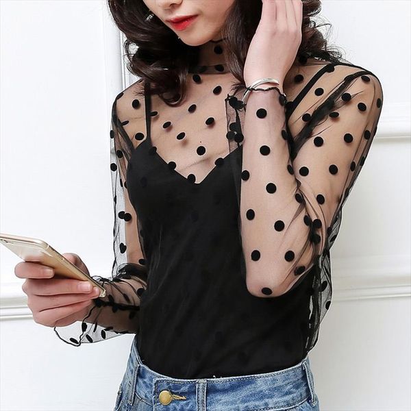 

women harajuku mesh net see through t shirt black dot star tank girls spring summer lace blouse, White