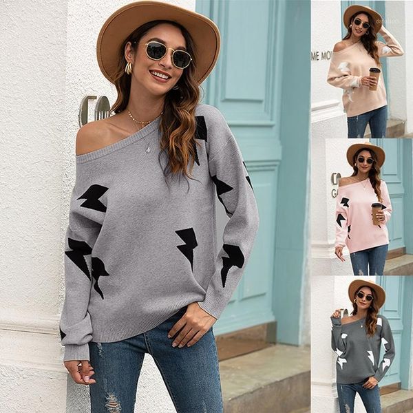 

women casual knitted sweater long sleeve printed flash pattern loose sweaters pullovers1, White;black