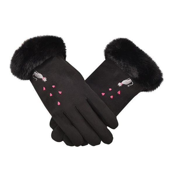 

five fingers gloves female leather girls' suede warm cute k-itten pattern index finger t-ouch screen solid color mittens #yj, Blue;gray