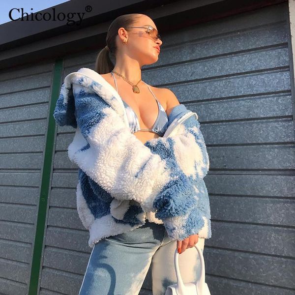 

chicology lambswool teddy faux fur oversize jacket long sleeve winter fall coat women 2021 tie dye kpop clothes outerwear, Black;brown