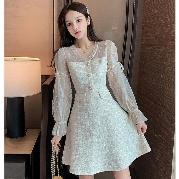 

casual dresses autumn winter women click party dress fashion bling mesh patchwork tweed bow full sleeve plaid vestidos, Black;gray