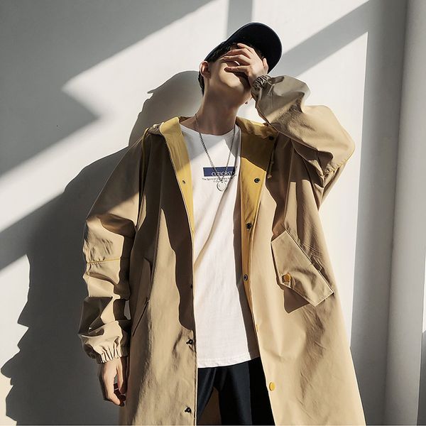 

2020 spring men's long frock windbreaker loose hip hop hooded color matching jacket, Tan;black
