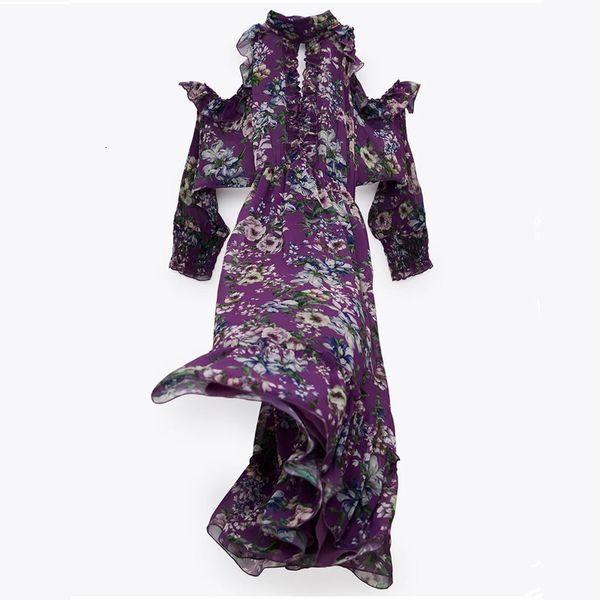 

2021 new purple chiffon floral print women high neck long sleeve off shoulder ruffle maxi dress woman backless dresses l2pm, Black;gray