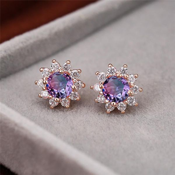 

stud creative sun flower earrings for women vintage fashion rose gold rainbow fire stone female multicolor jewelry gift, Golden;silver
