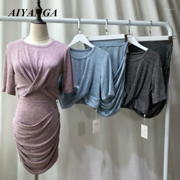 

chic 2018 o-neck short sleeve 2 piece set women front cross knitted crop & pencil skirt ladies women's sets 3 colors1, Gray