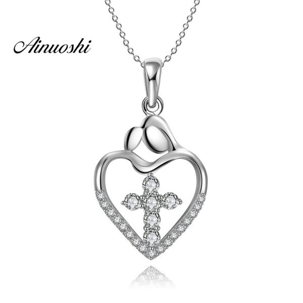 

ainuoshi 925 sterling silver pendant necklace for women girl hallow cross heart cute long chain necklace wedding collar de plata y200107