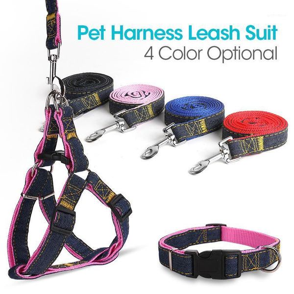 

dog collars & leashes denim sewn pet dogs harness leash collar suit safe universal seat belt vest adjustable personality for small medium bi