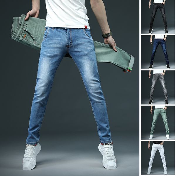 

men stretchy denim skinny jeans men's 2021 new spring autumn brand classic cotton trousers fashion jean 7 color, Blue
