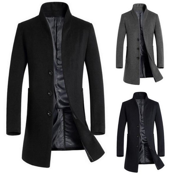 

autumn and winter men's mid-length solid color slim wool jacket fashion trench coat t200117, Black