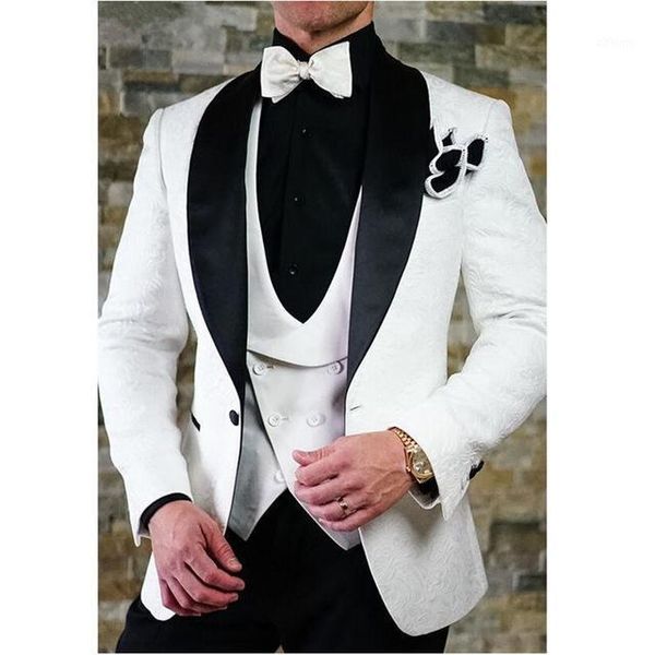 

2020 white printed jacquard wedding suits for men slim fit custom made three piece tuxedo groom suit men prom party suits1, White;black