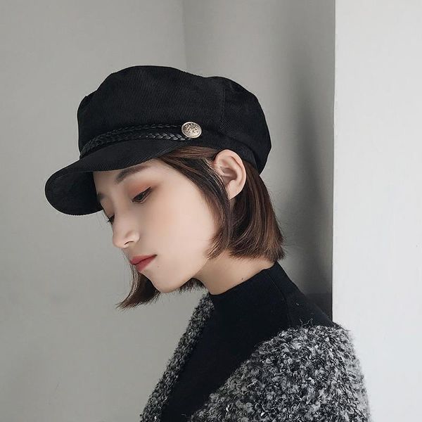 

sboy hats spring cap female corduroy british style fashion youth curved eaves beret all match black painter's octagonal hat, Blue;gray