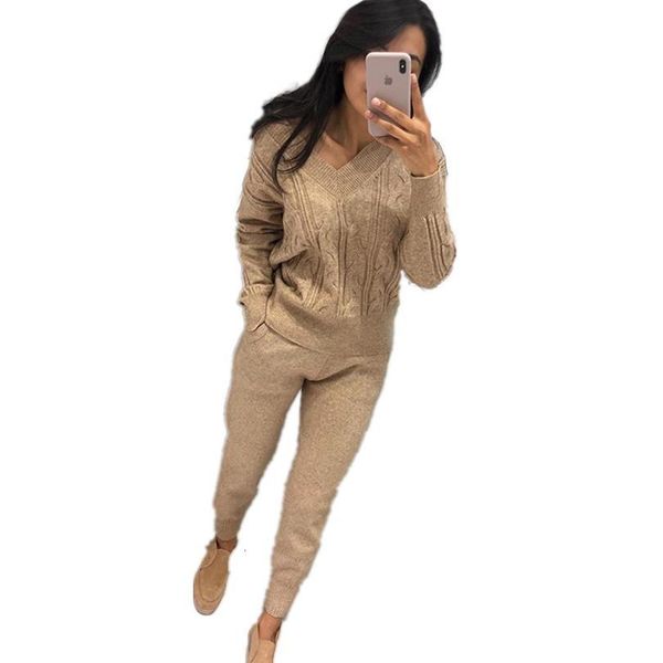

mvgirlru women's knitted tracksuit autumn and winter women's knit suit sweater set v-neck knitting two-piece suit, Gray