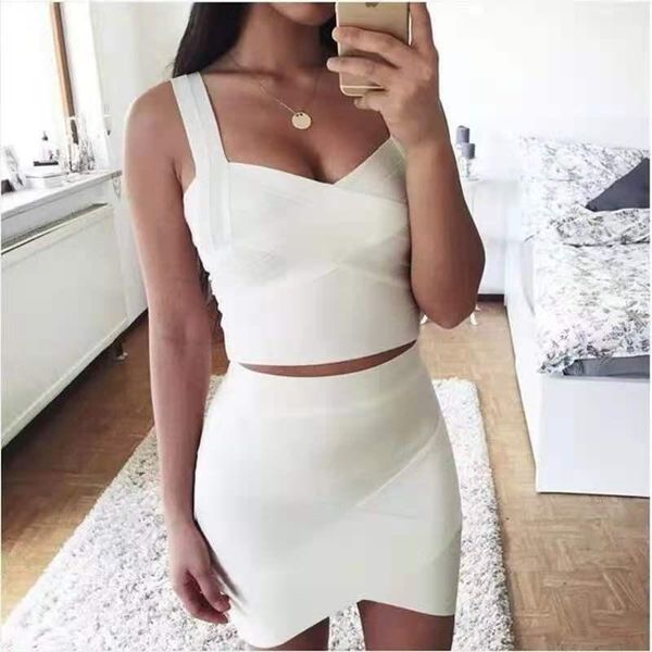 

autumn new two piece set bodycon bandage women mini dress & v neck short tank, Gray