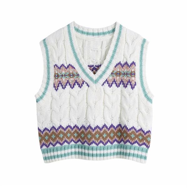 

new white jacquard knitted women 2021 winter v neck cropped sleeveless vest woman preppy cable knit sweater a006, White;black