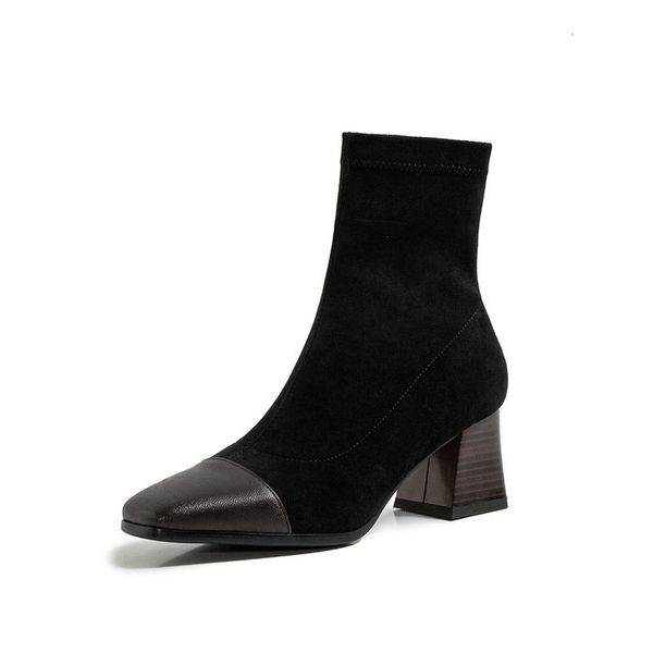 

2021 new ankle autumn winter pu leather + flock heel women shoes square toe short boots size 34-43 gccq, Black