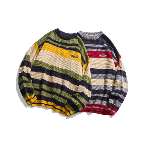 

2021 new autumn/winter retro striped male and female sweater hong kong style j5yu, White;black